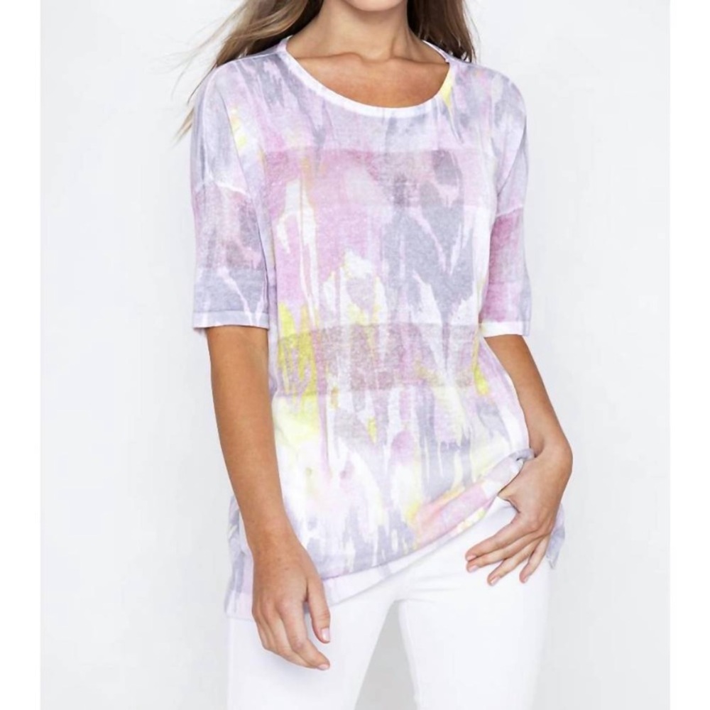 KINROSS 100% Linen Easy Pull on Bloom Multi Color Ikat Tee